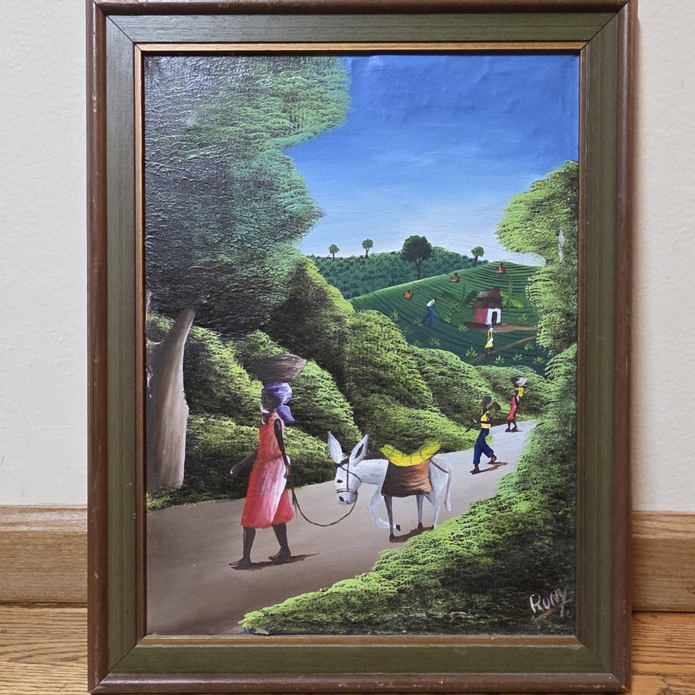 Original Haitian Painting Signed Rony Rural Country Depiction Wood Frame 18x14"